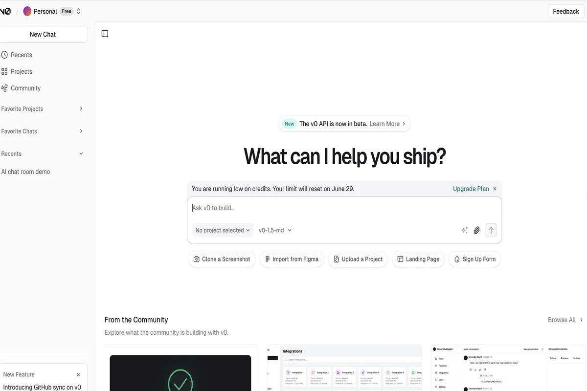 V0.dev screenshot